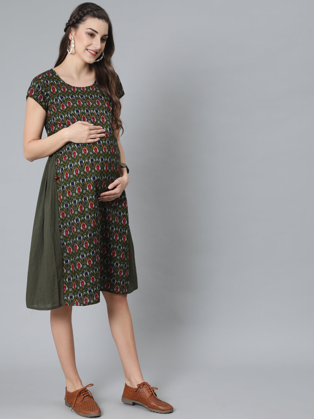 Women's Olive Patola Print Maternity A-Line Dress - Aks