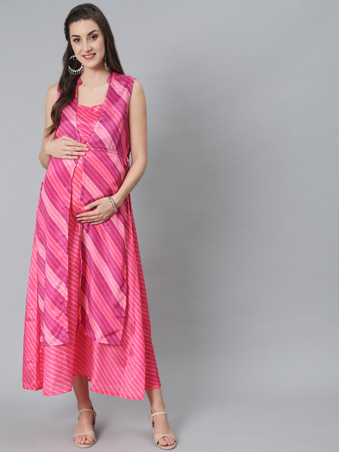 Women's Pink Leheriya Print Maxi Dress - Aks
