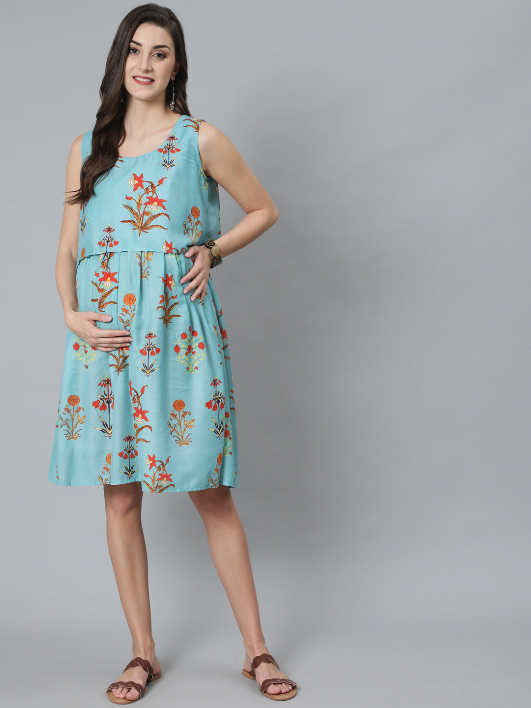 Women's Blue Floral Print Dress - Aks