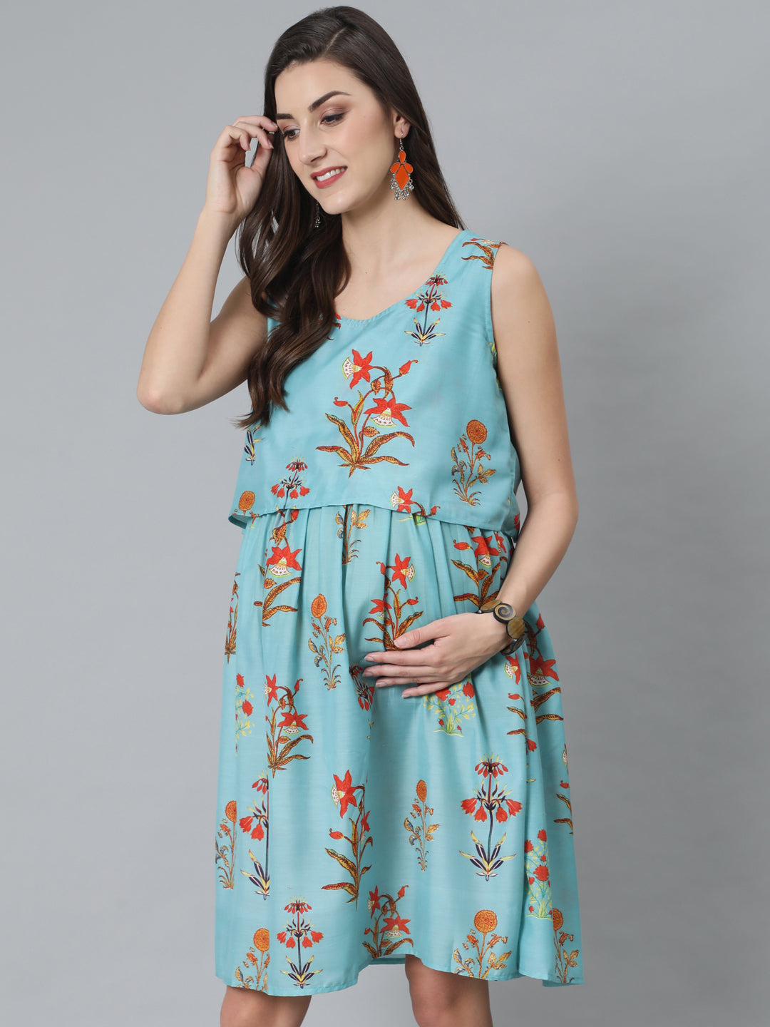 Women's Blue Floral Print Dress - Aks
