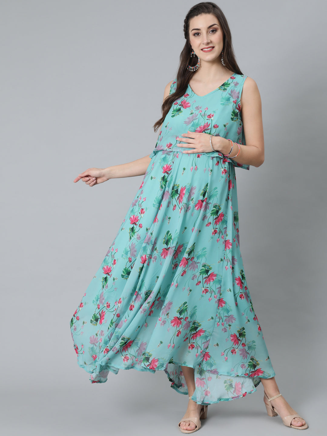 Women's Blue Floral Print Maxi Dress - Aks