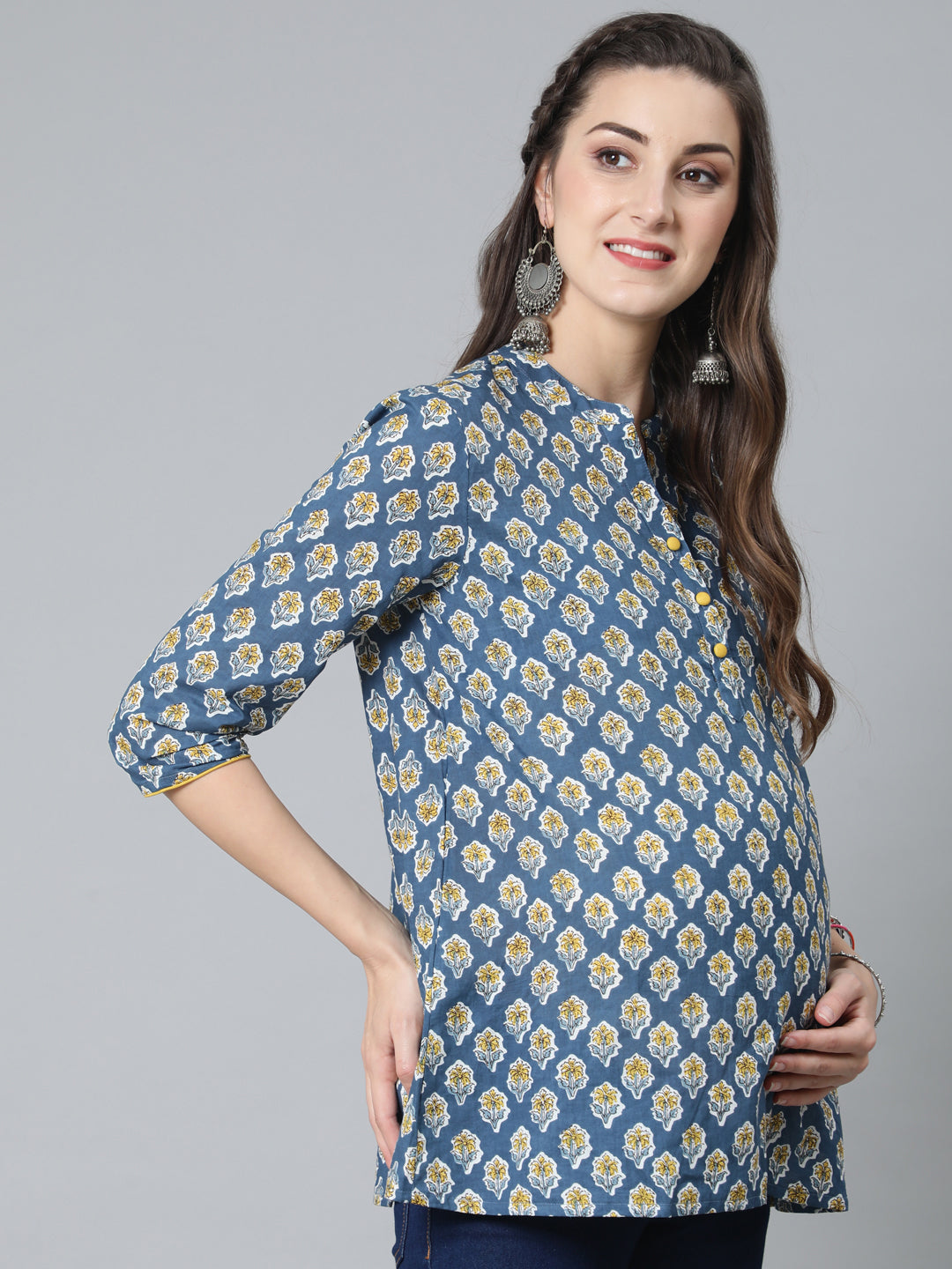 Women's Blue Floral Print Maternity Tunic - Aks