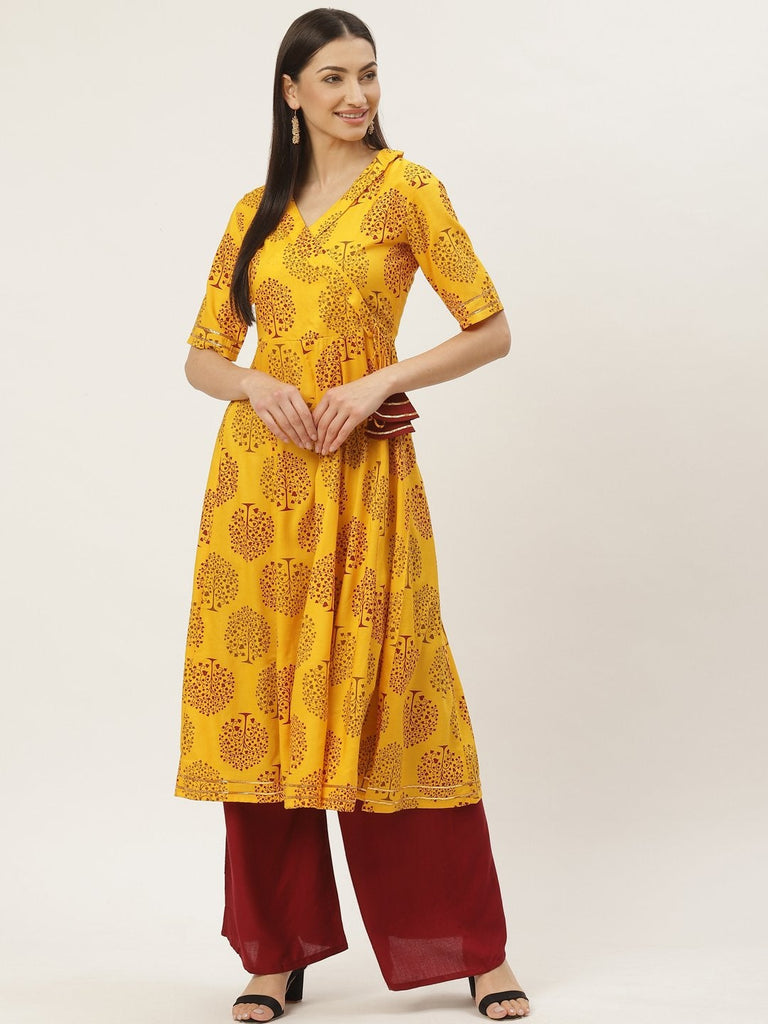 Women's Rayon Floral Printed & Gota Work Angrakha Kurta