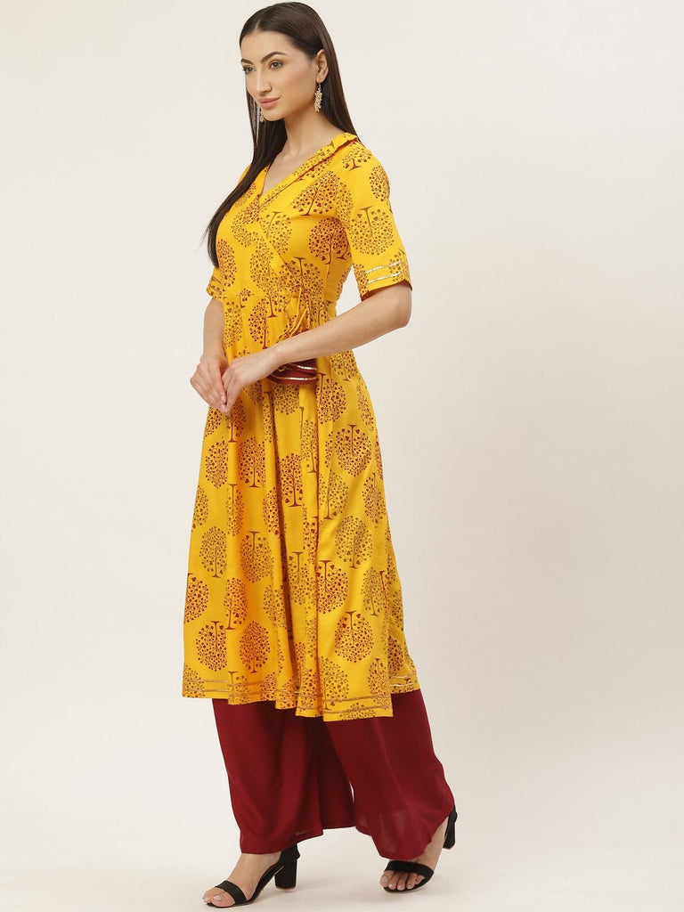 Women's Rayon Floral Printed & Gota Work Angrakha Kurta
