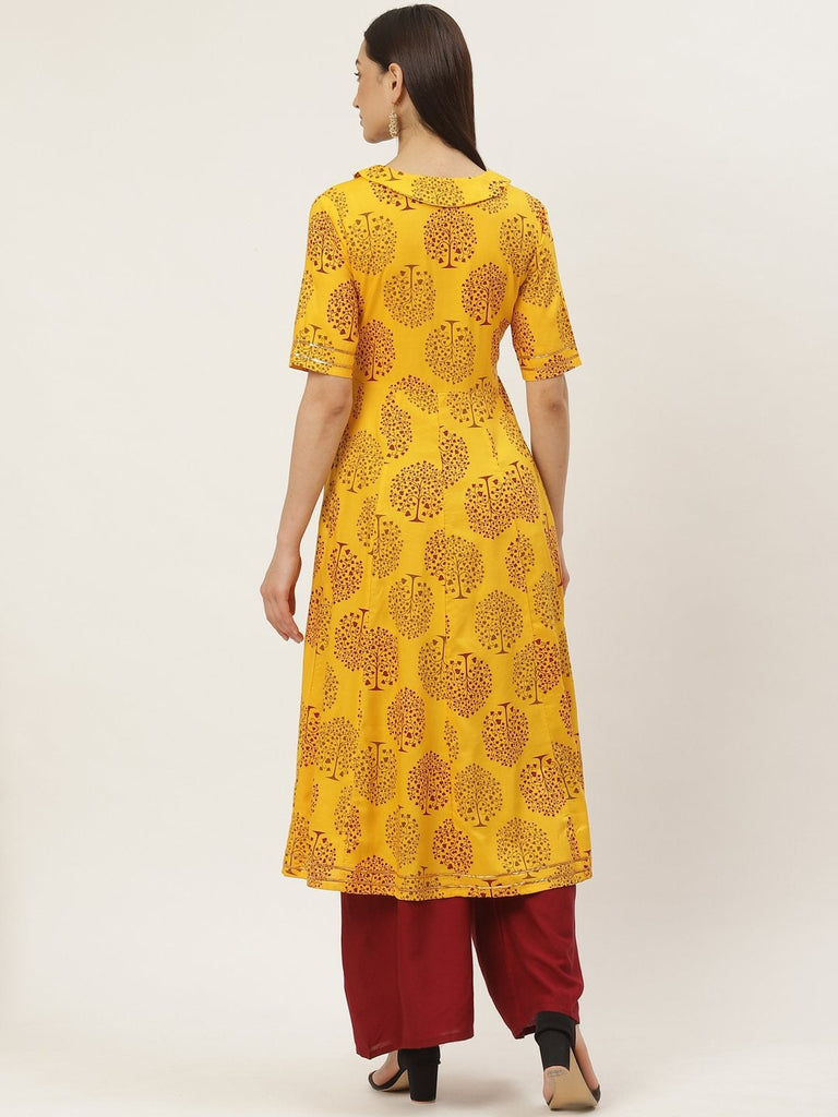 Women's Rayon Floral Printed & Gota Work Angrakha Kurta