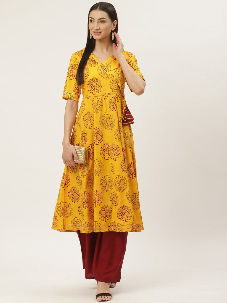 Women's Rayon Floral Printed & Gota Work Angrakha Kurta
