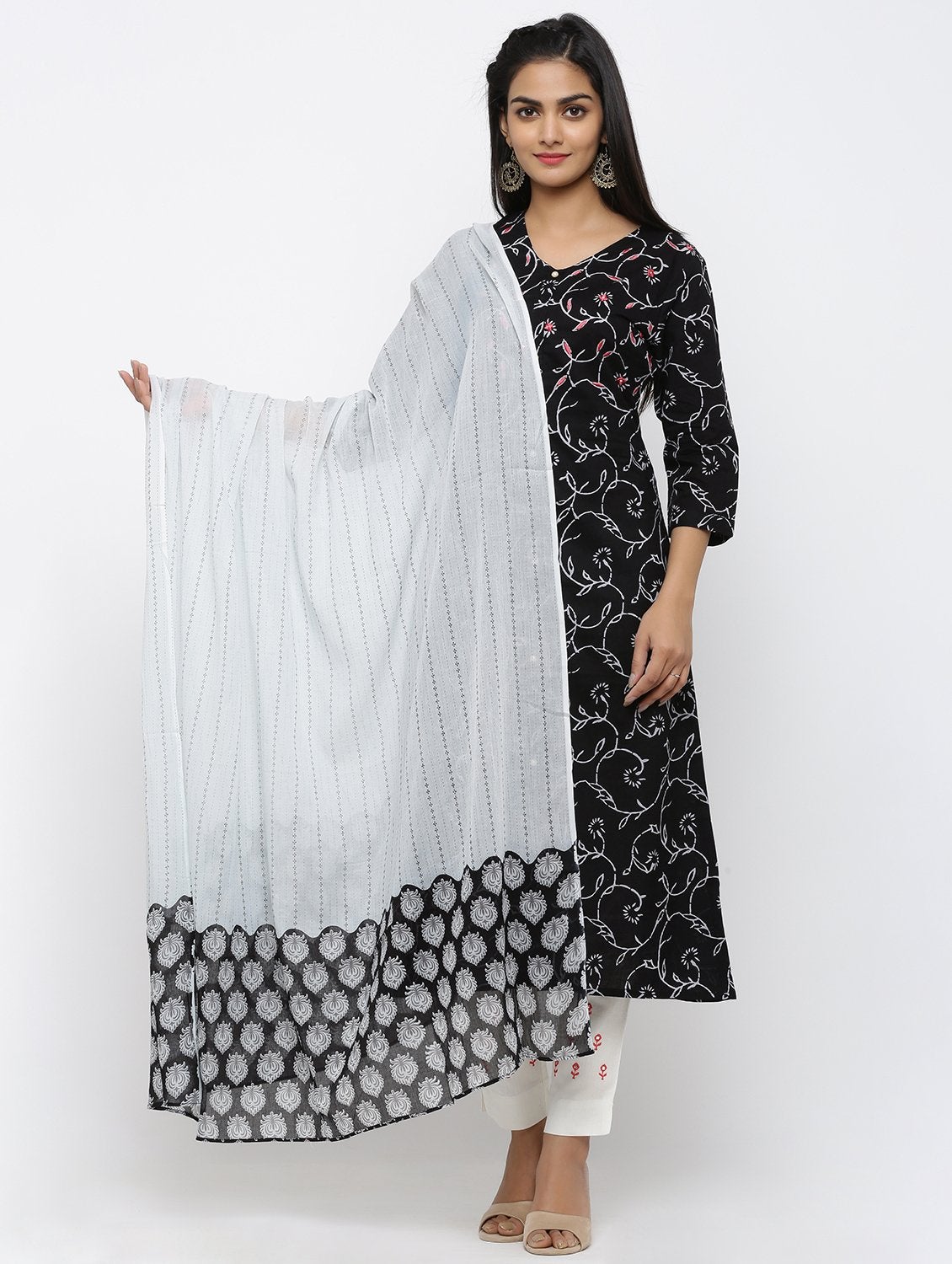 Women's Cotton & Mulmul Printed & Embroidery A-line Kurta Pant & Dupatta Set - Maaesa