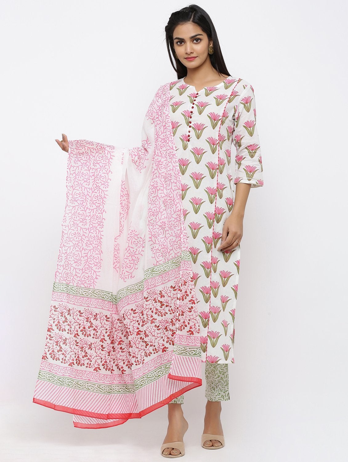 Women's Cotton Printed Straight Kurta Pant & Dupatta Set - Maaesa
