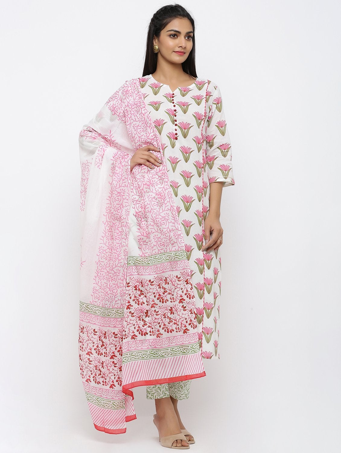 Women's Cotton Printed Straight Kurta Pant & Dupatta Set - Maaesa