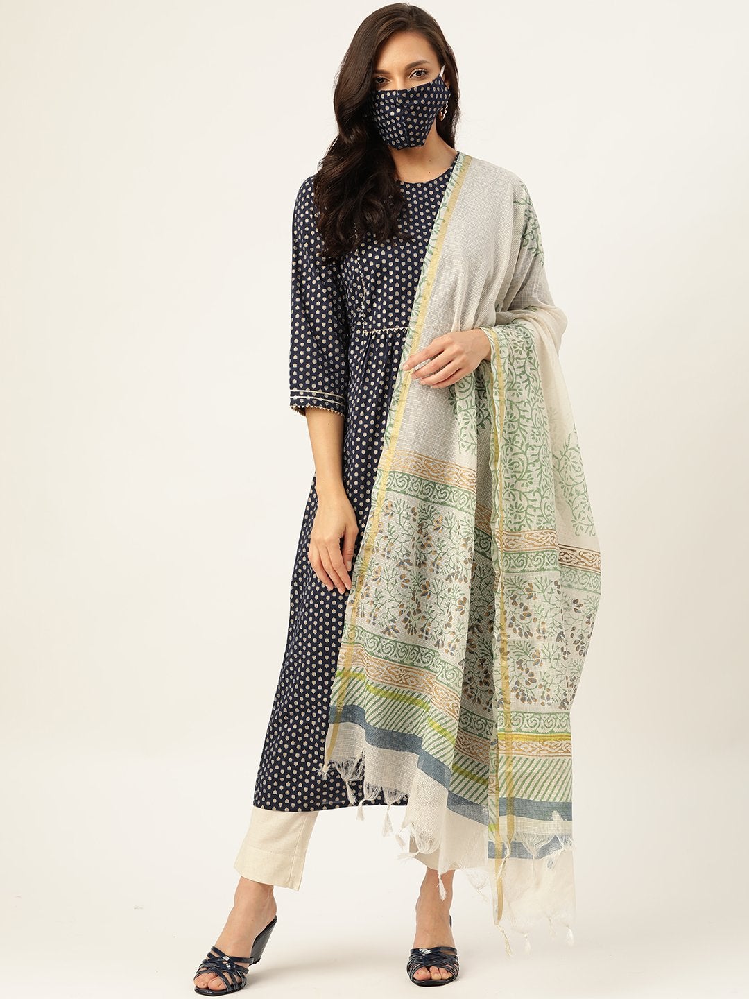 Women's Blue Printed Kurta With Dupatta & Trouser