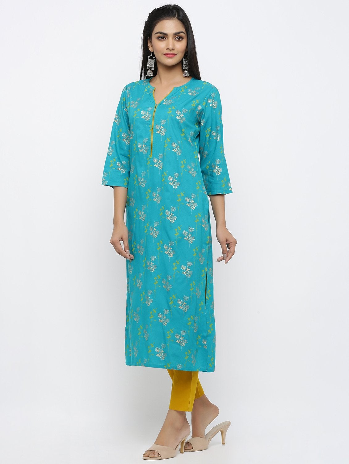 Women's Khadi Cotton Floral printed Straight Kurta Pant Set - Maaesa