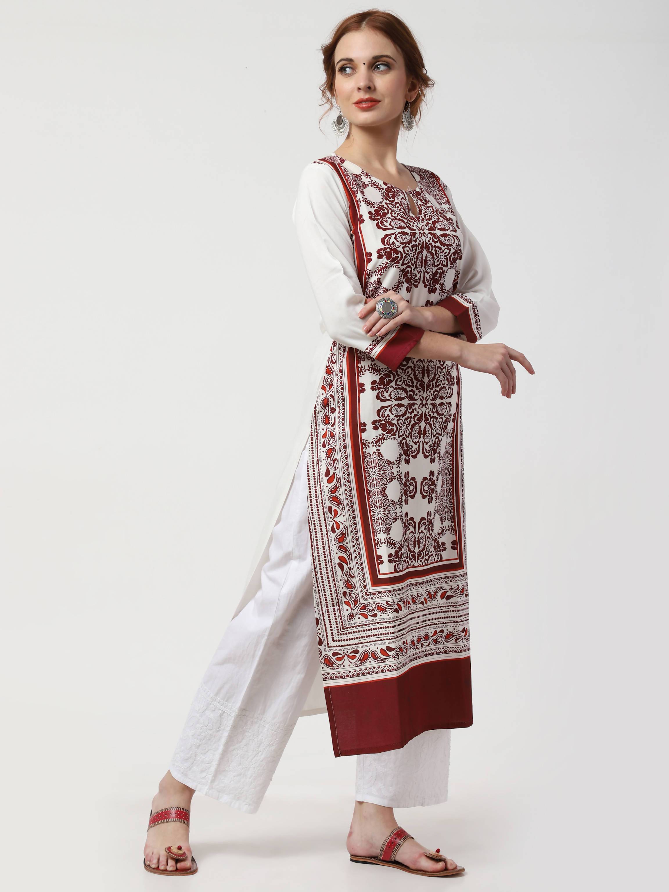 Women's Off-White Viscose Rayon Kurta With Chikankari Palazzo & Embroidered Dupatta Set - Cheera