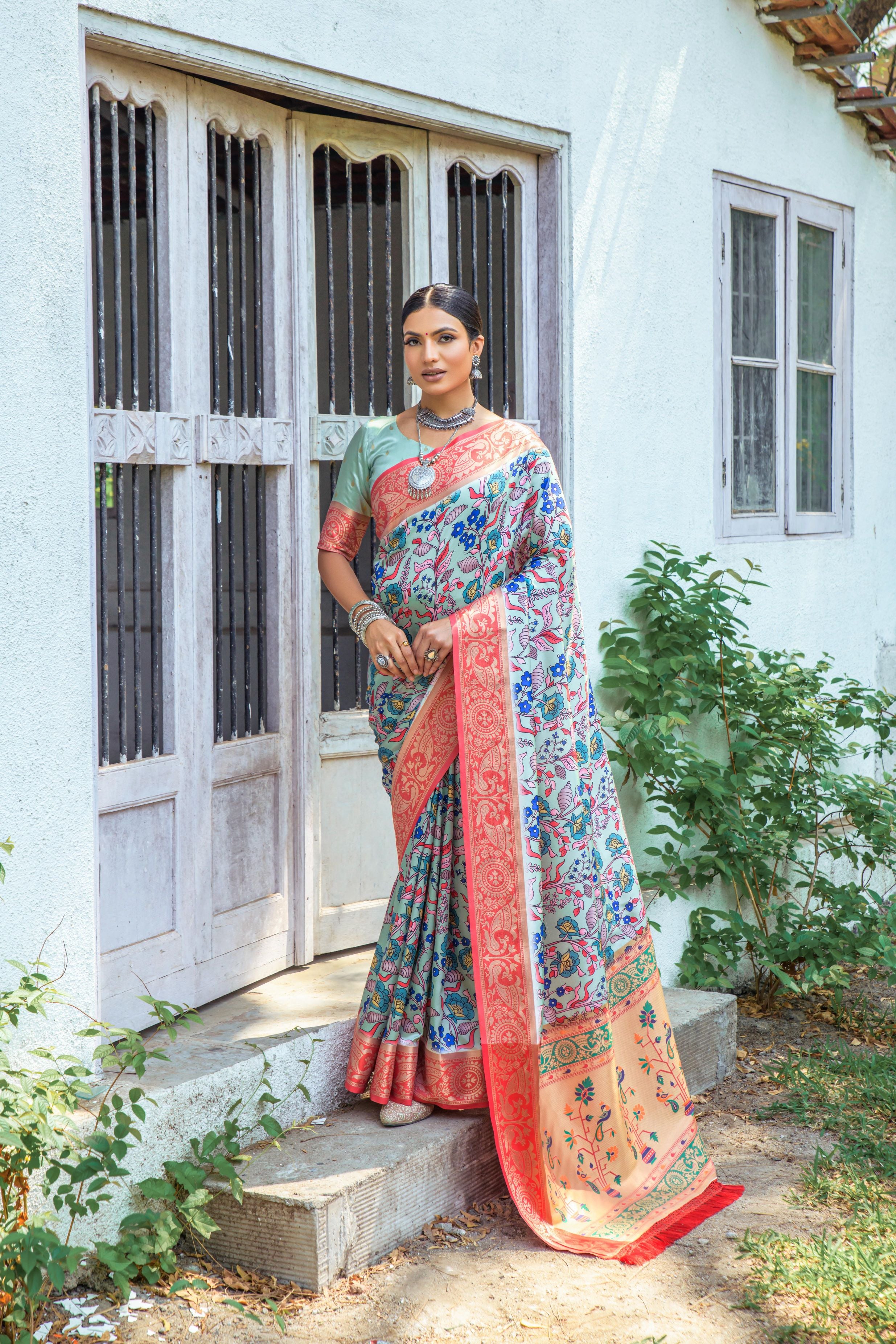 Women's Pista Printed Woven Banarasi Silk Saree with Tassels - Vishnu Weaves