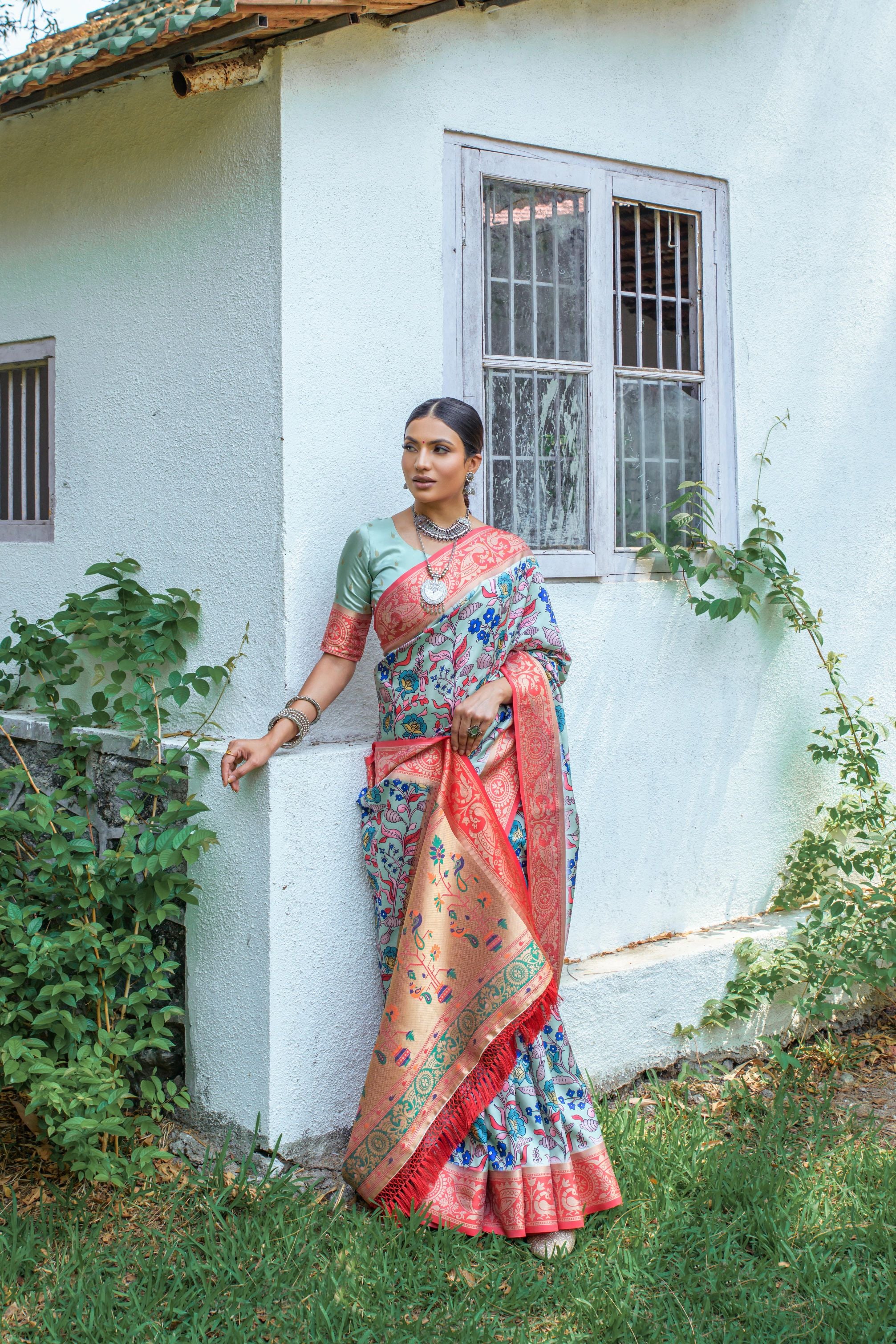Women's Pista Printed Woven Banarasi Silk Saree with Tassels - Vishnu Weaves