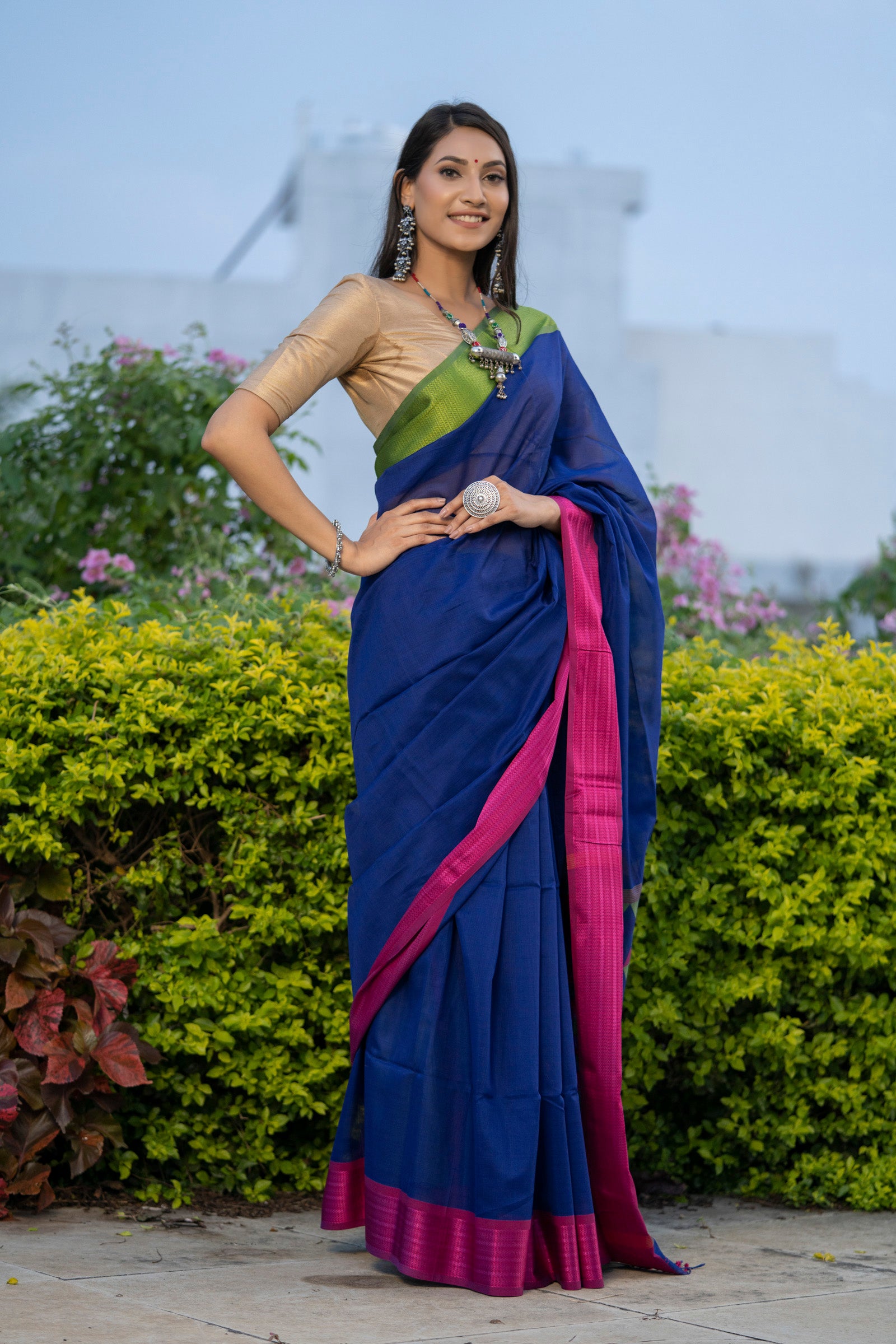 Women's Blue Purple Green Pink Silk Maheshwari Handloom Saree - Maahishmati
