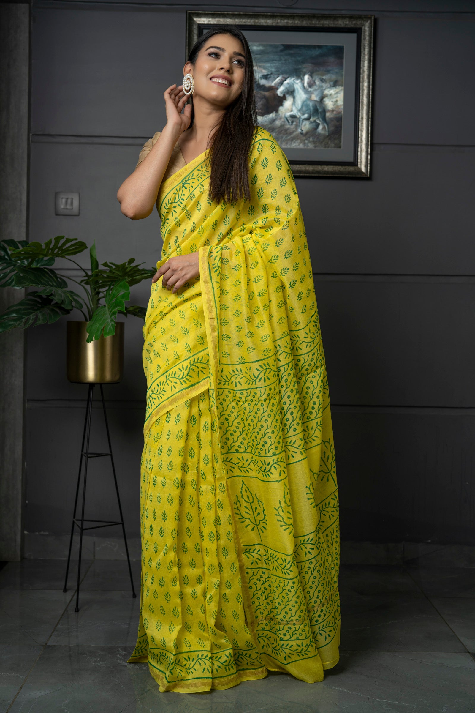 Women's Yellow Silk Cotton Saree with Dabu Print - Maahishmati