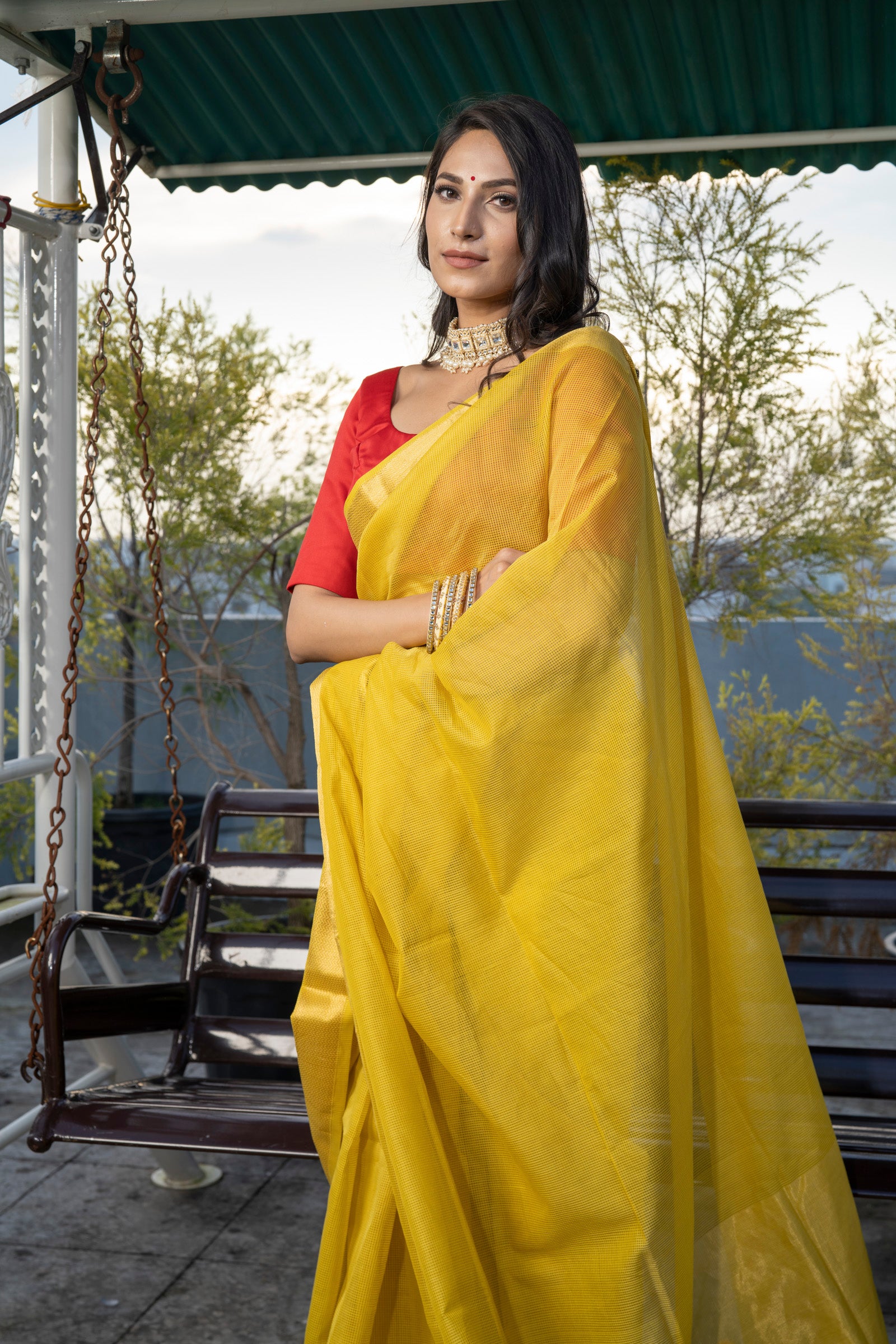 Women's Yellow Silk Maheshwari Handloom Saree with fine Checks Design & Zari Border - Maahishmati