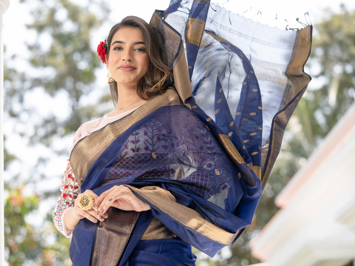 Women's Navy Blue, Gold Color Anitha - Maheshwari Handloom Silk Saree - Maahishmati