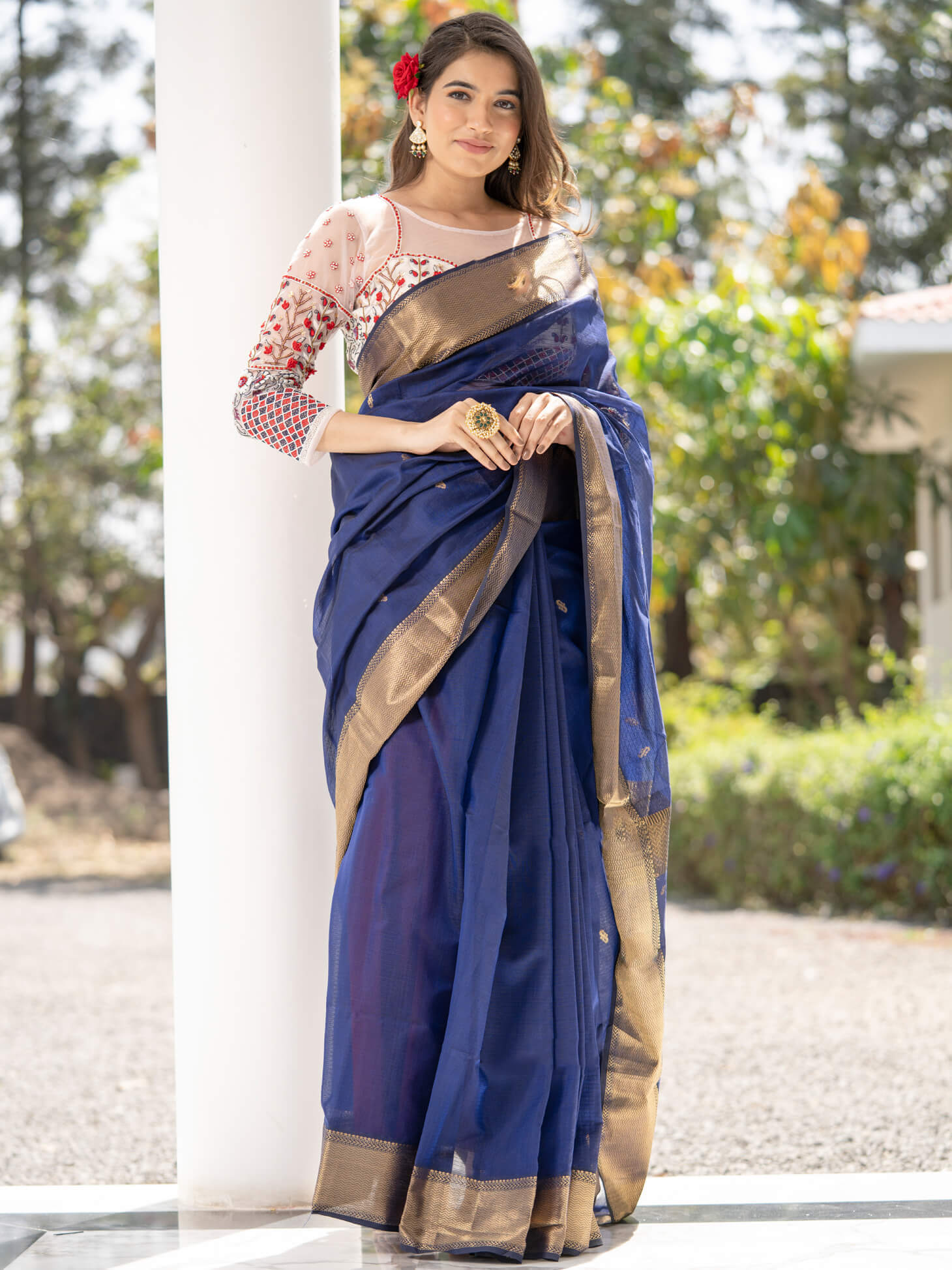 Women's Navy Blue, Gold Color Anitha - Maheshwari Handloom Silk Saree - Maahishmati