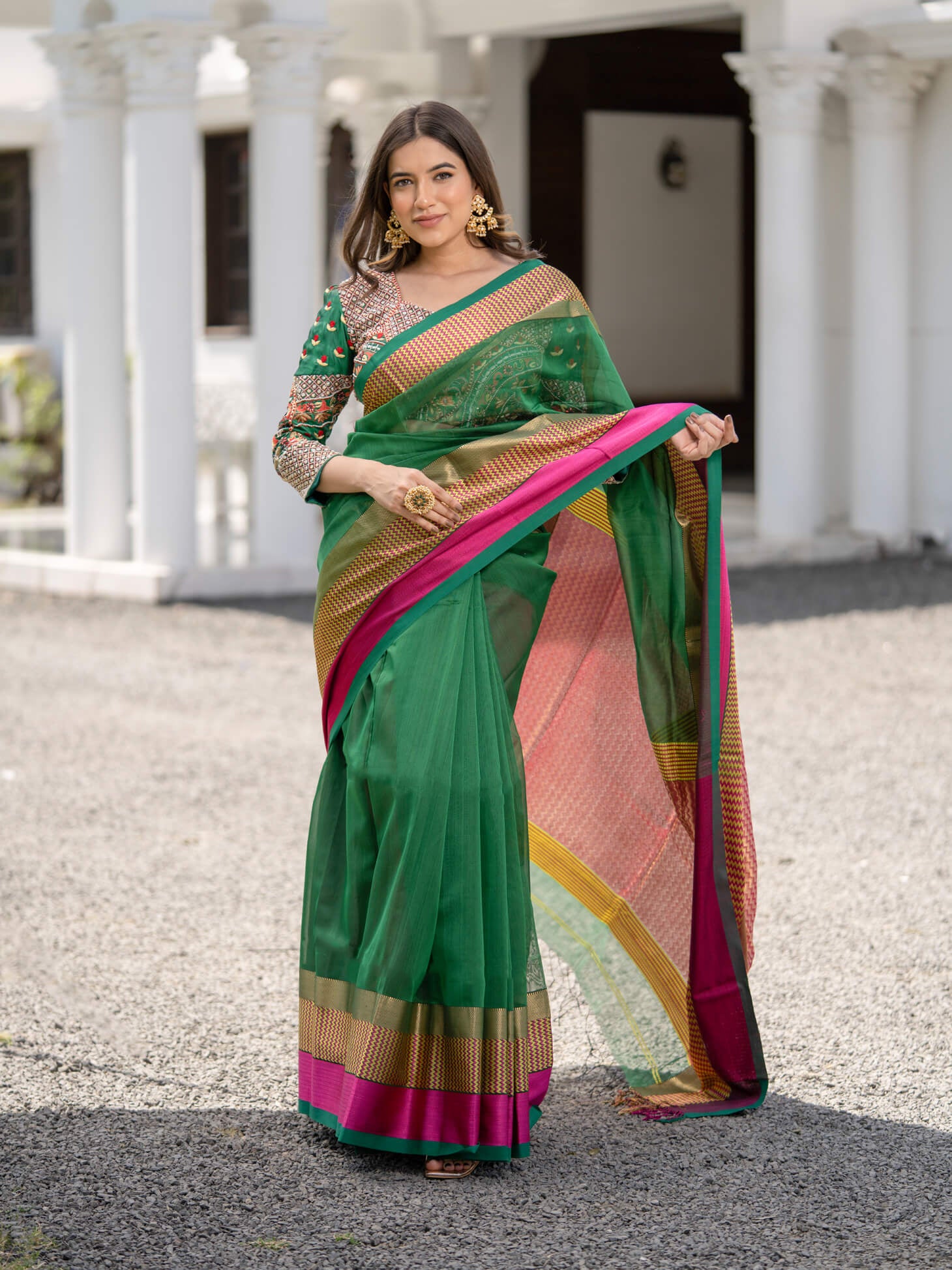 Women's Green, Gold, Pink Color Morni - Maheshwari Handloom Silk Saree - Maahishmati