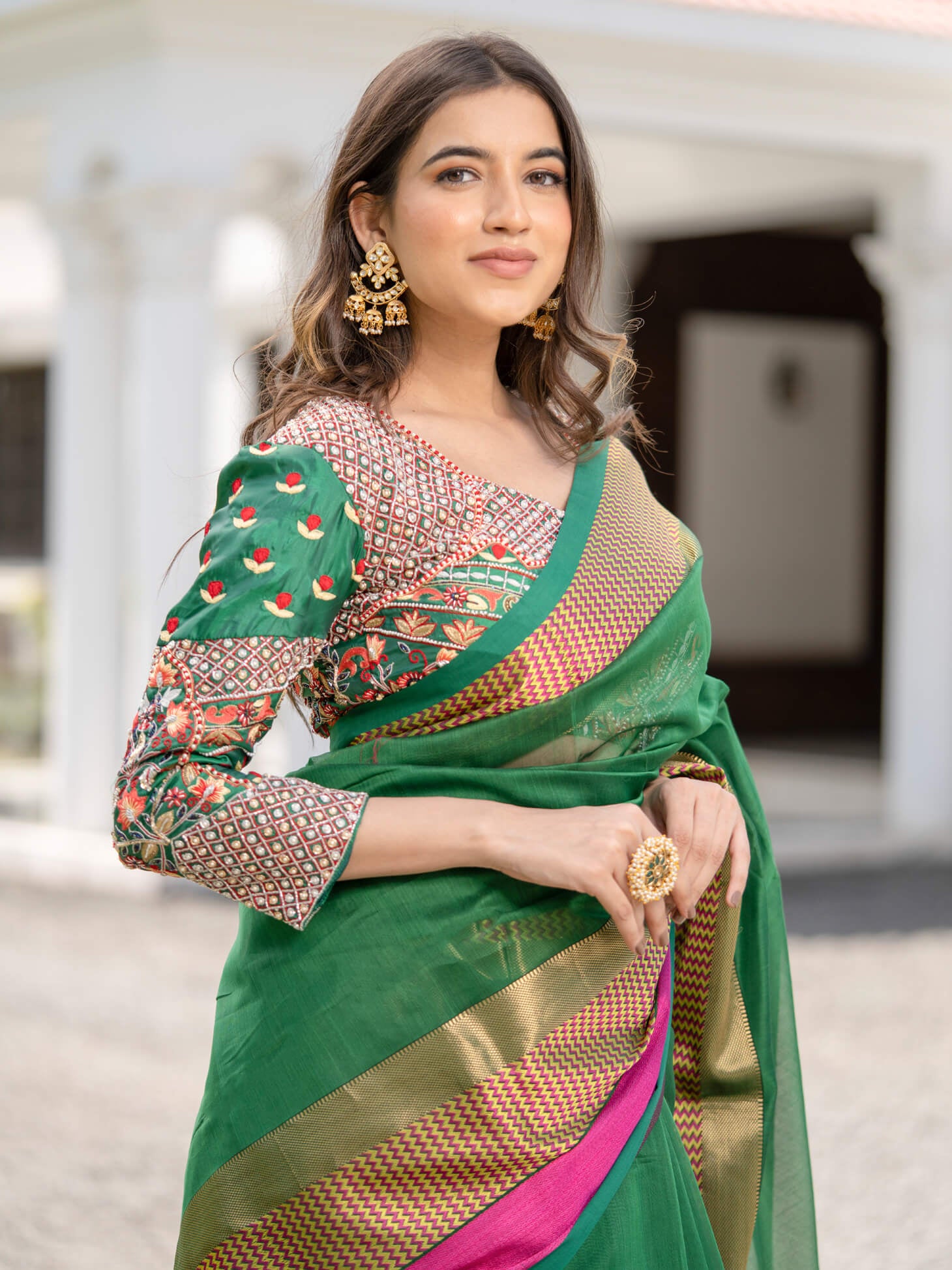 Women's Green, Gold, Pink Color Morni - Maheshwari Handloom Silk Saree - Maahishmati