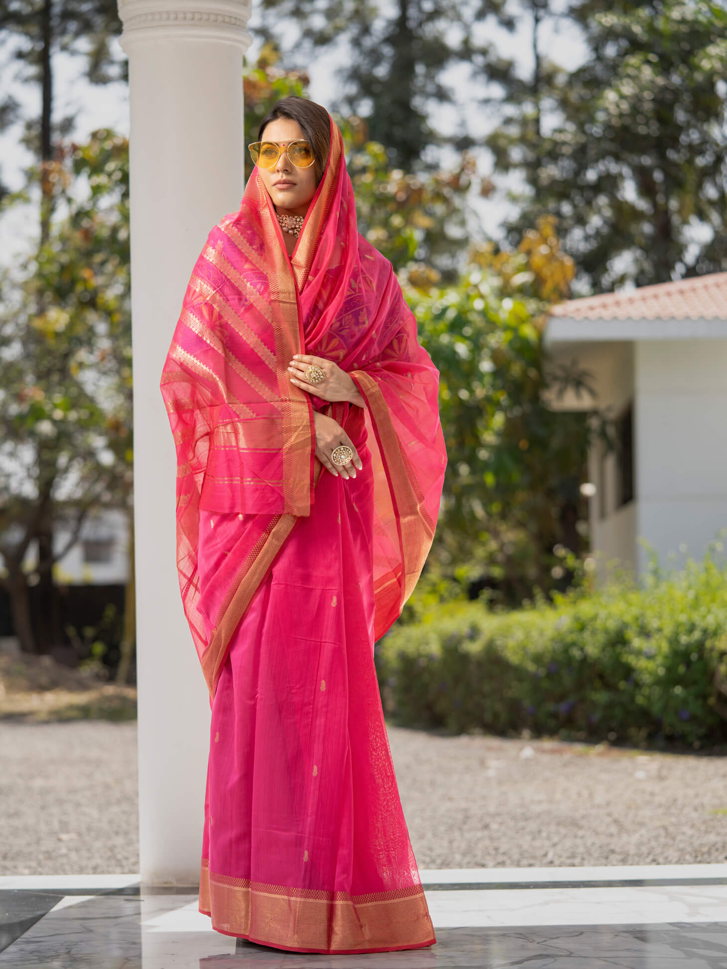 Women's Pink, Gold Color Ruchi - Maheshwari Handloom Silk Saree - Maahishmati