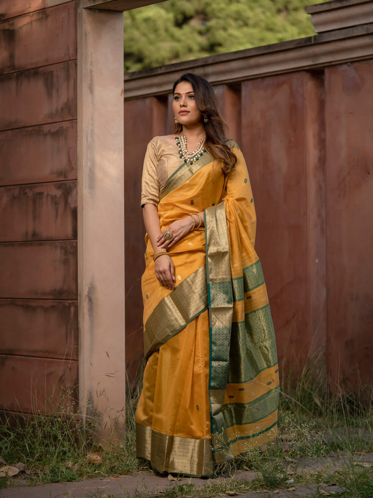 Women's Yellow, Green, Gold Color Usha - Maheshwari Handloom Silk Saree - Maahishmati