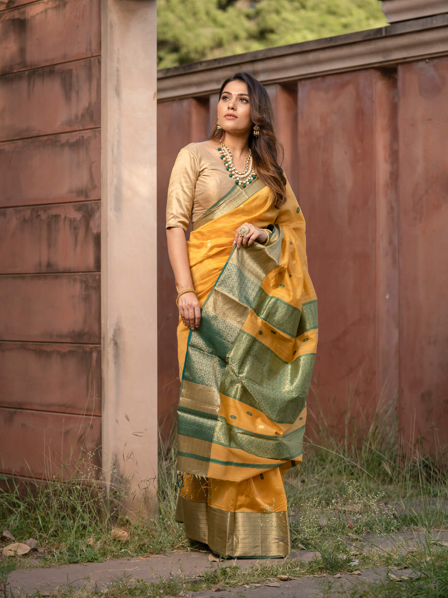 Women's Yellow, Green, Gold Color Usha - Maheshwari Handloom Silk Saree - Maahishmati
