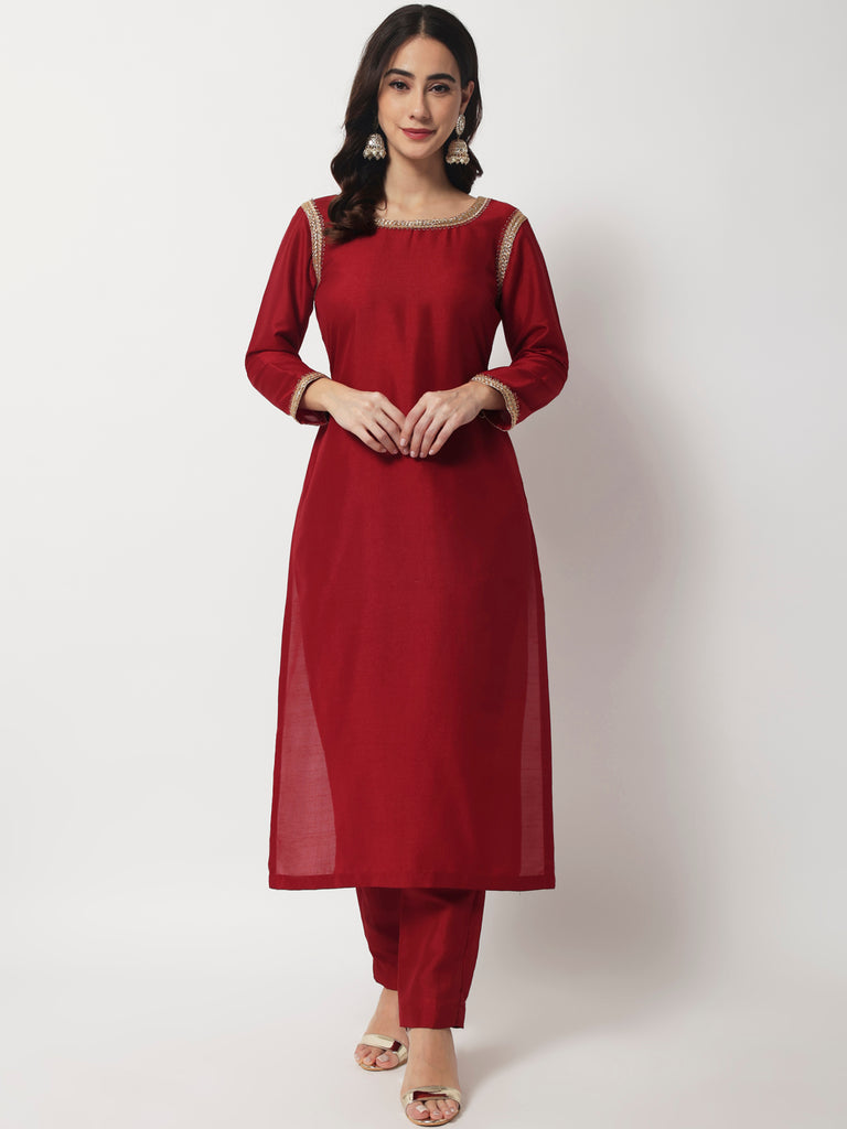 Women's Maroon Grace Straight Kurti With Straight Pants