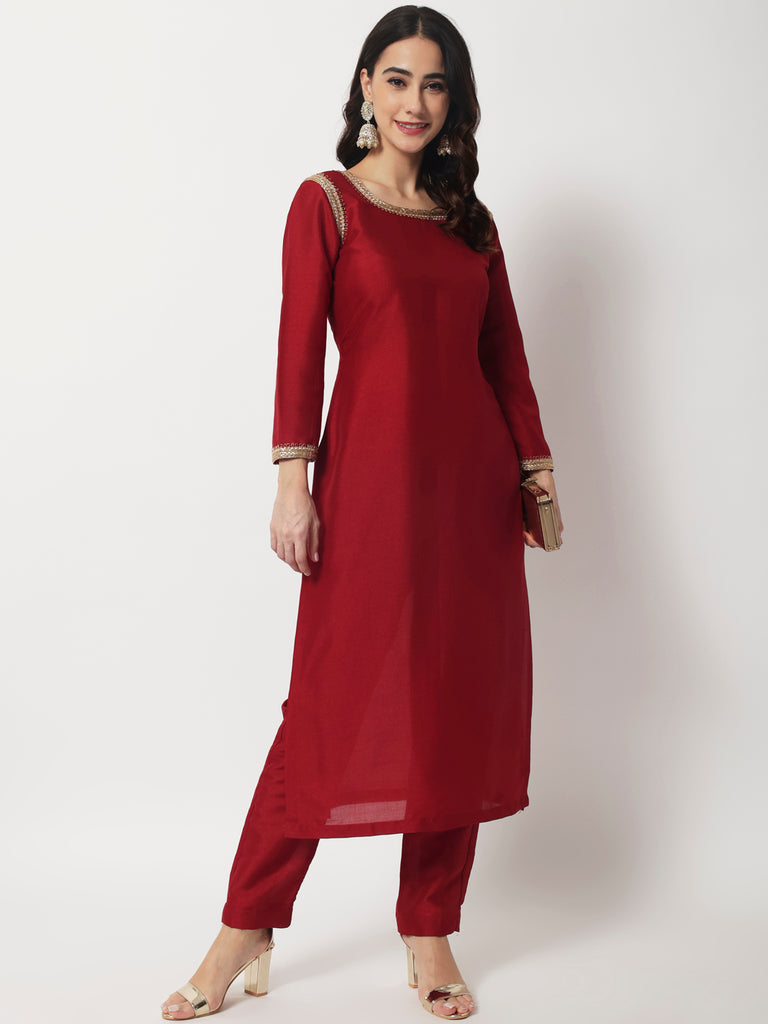 Women's Maroon Grace Straight Kurti With Straight Pants