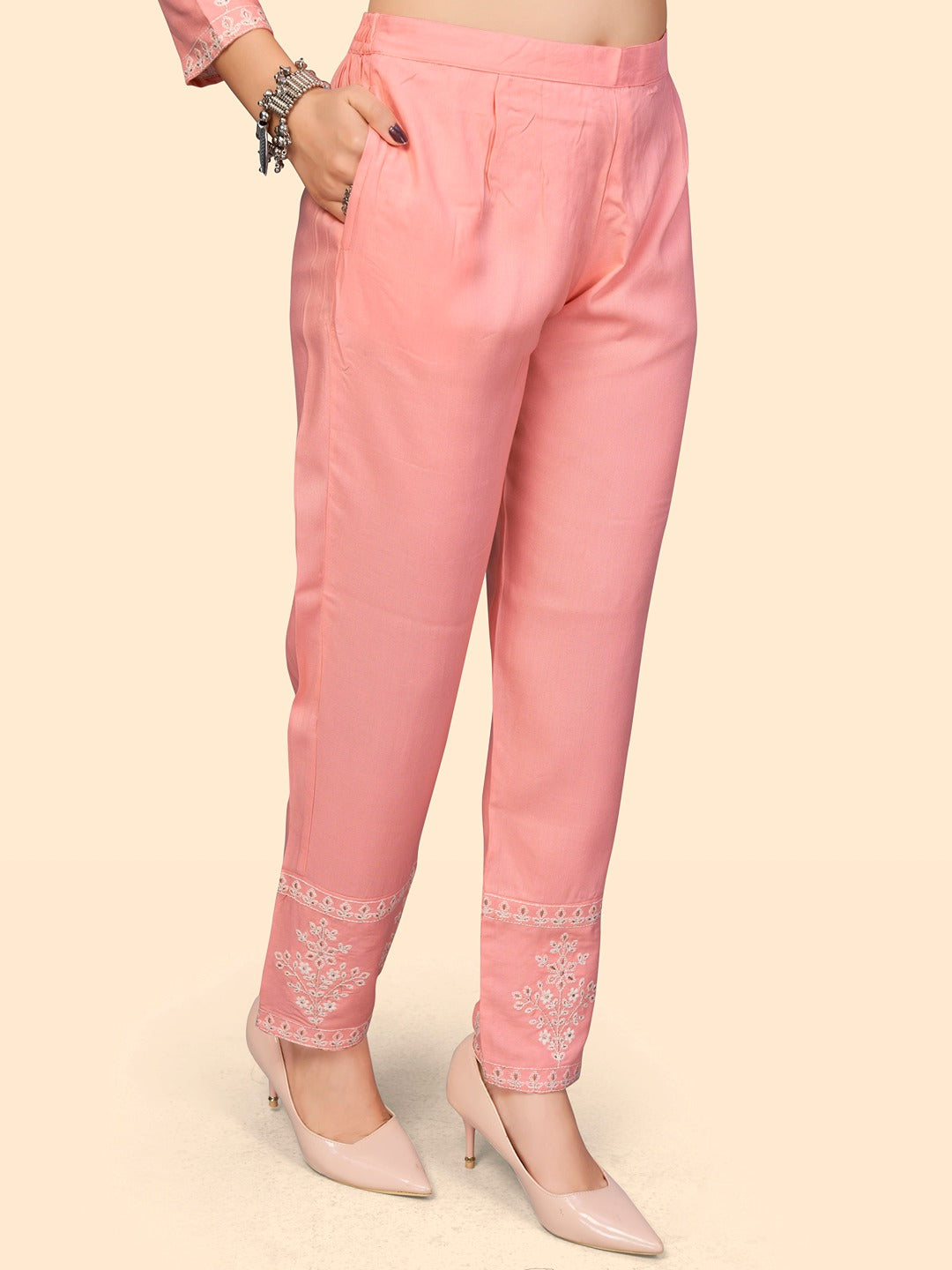 Women's Embroidered Straight Rayon Light Pink Stitched Kurta Pant With Dupatta - Vbuyz