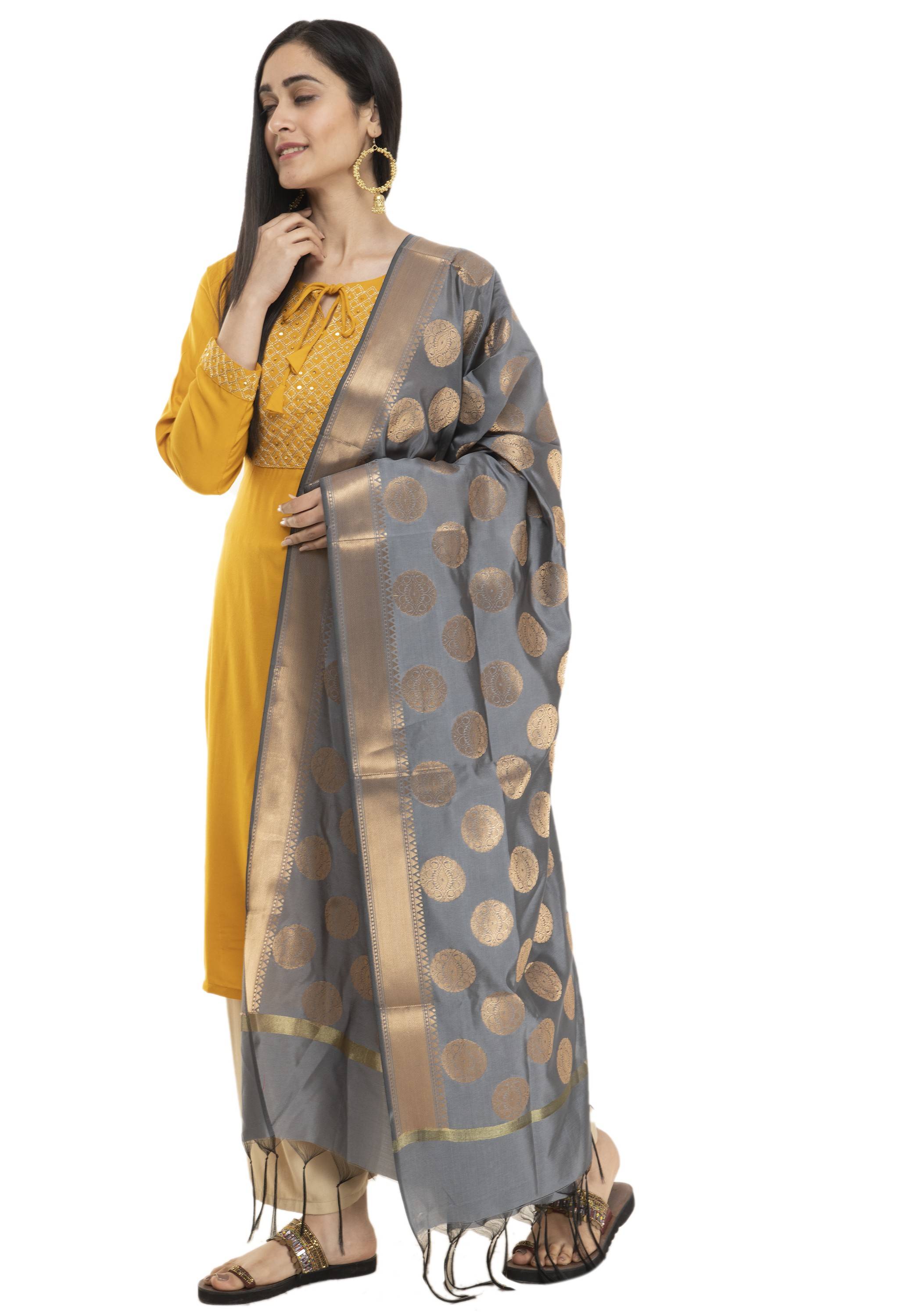 A R Silk Women's Tapeta Silk Zari Work Dark Grey Banarsi Silk Dupatta ARS0404