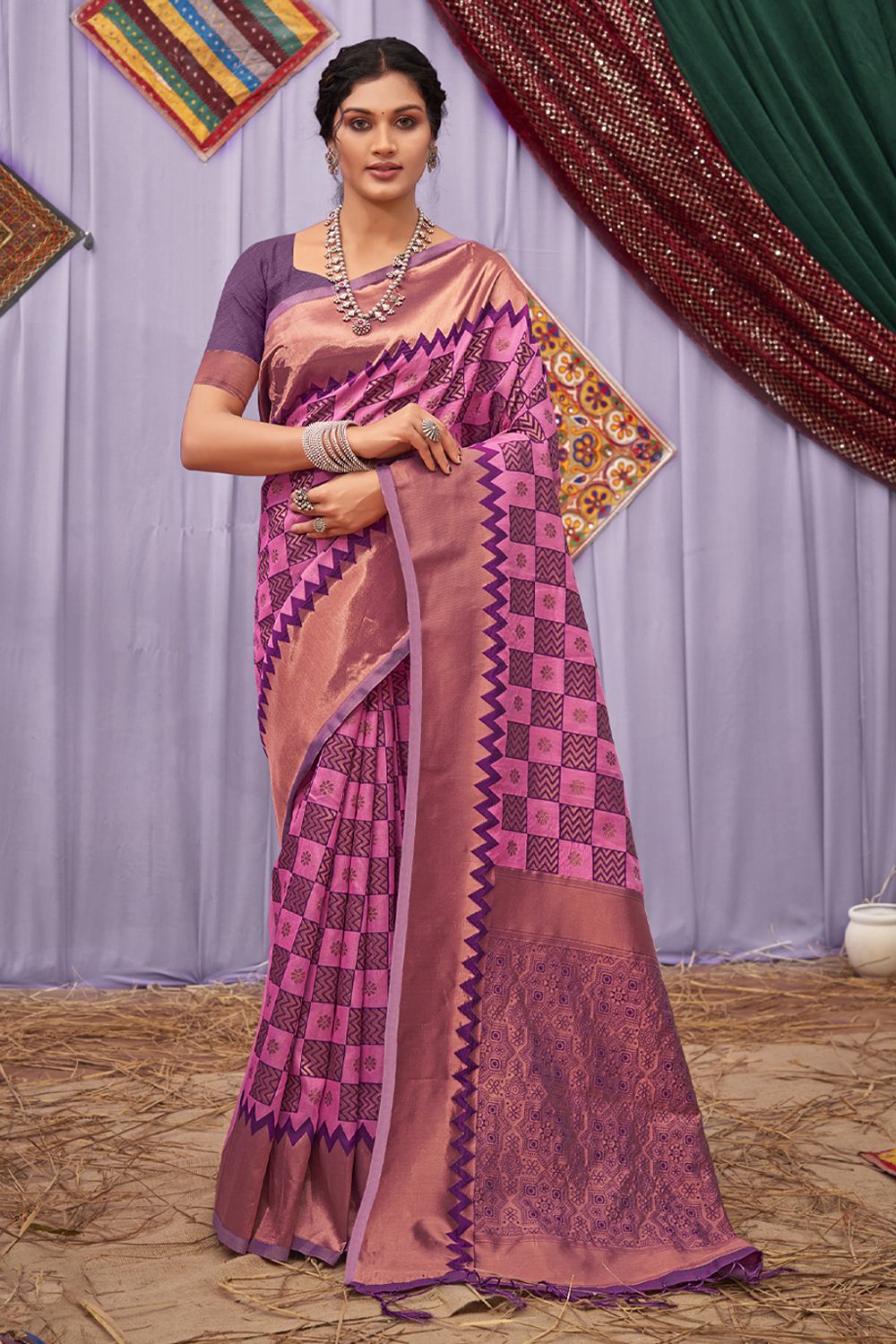 Women's Purple Cotton Woven Zari Work Traditional Tassle Saree - Sangam Prints