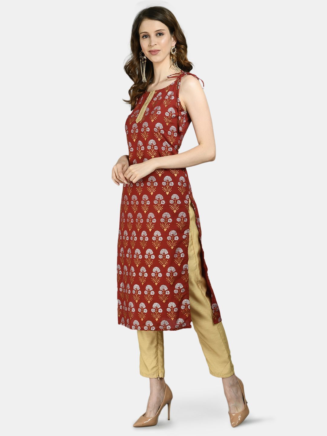 Women Maroon Printed Cotton kurta by Myshka (1 Pc Set)