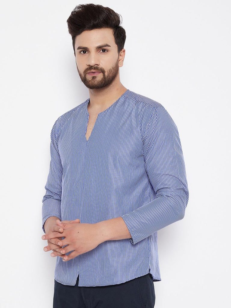 Men's  Blue Solid Cotton Kurta