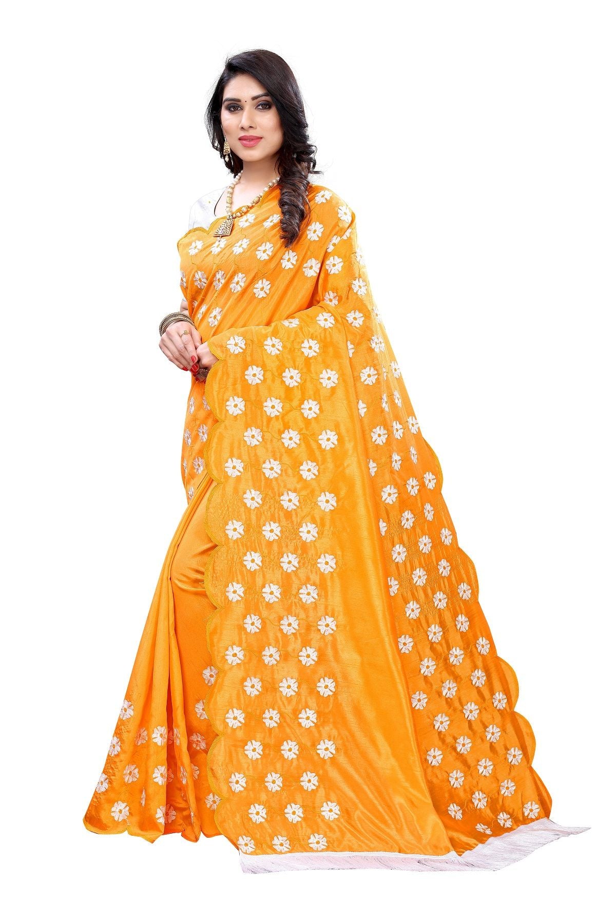 Women's Vamika Zoya Silk Embroidered Yellow Saree-Rakhi Mustard - Vamika