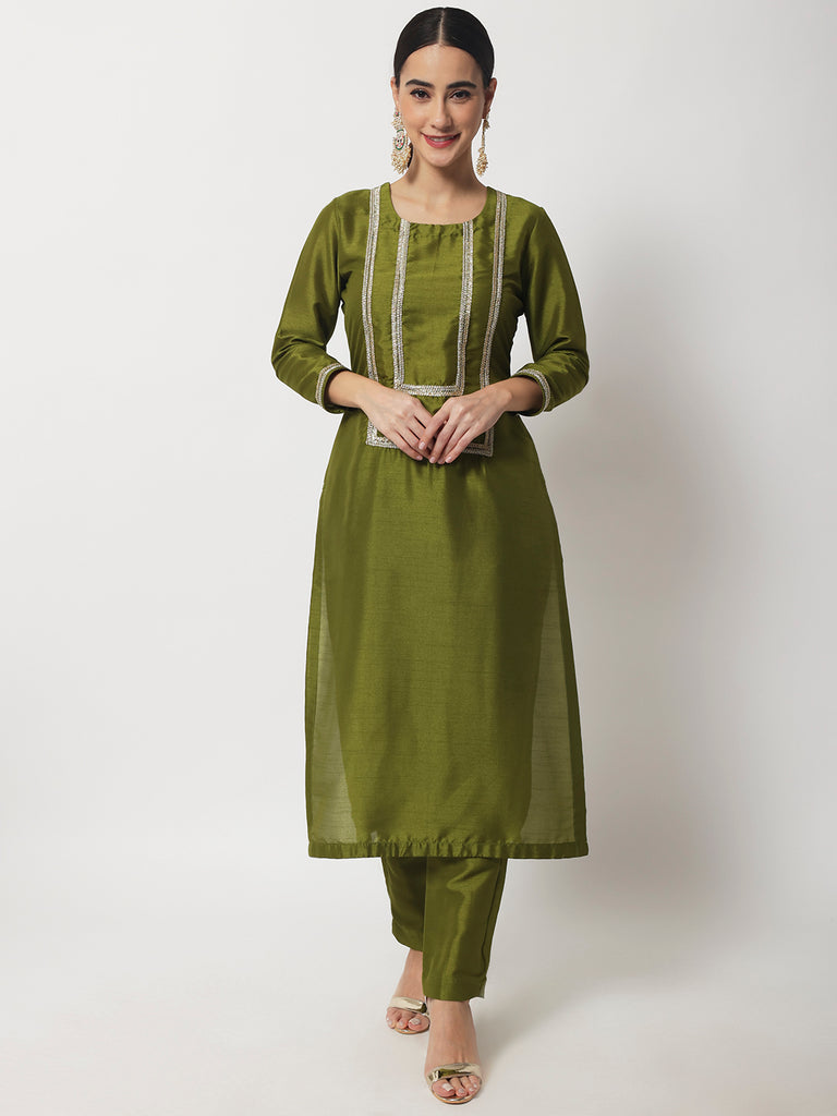 Women's Moss Green Straight Kurti With Straight Pants