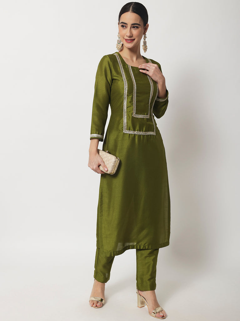 Women's Moss Green Straight Kurti With Straight Pants