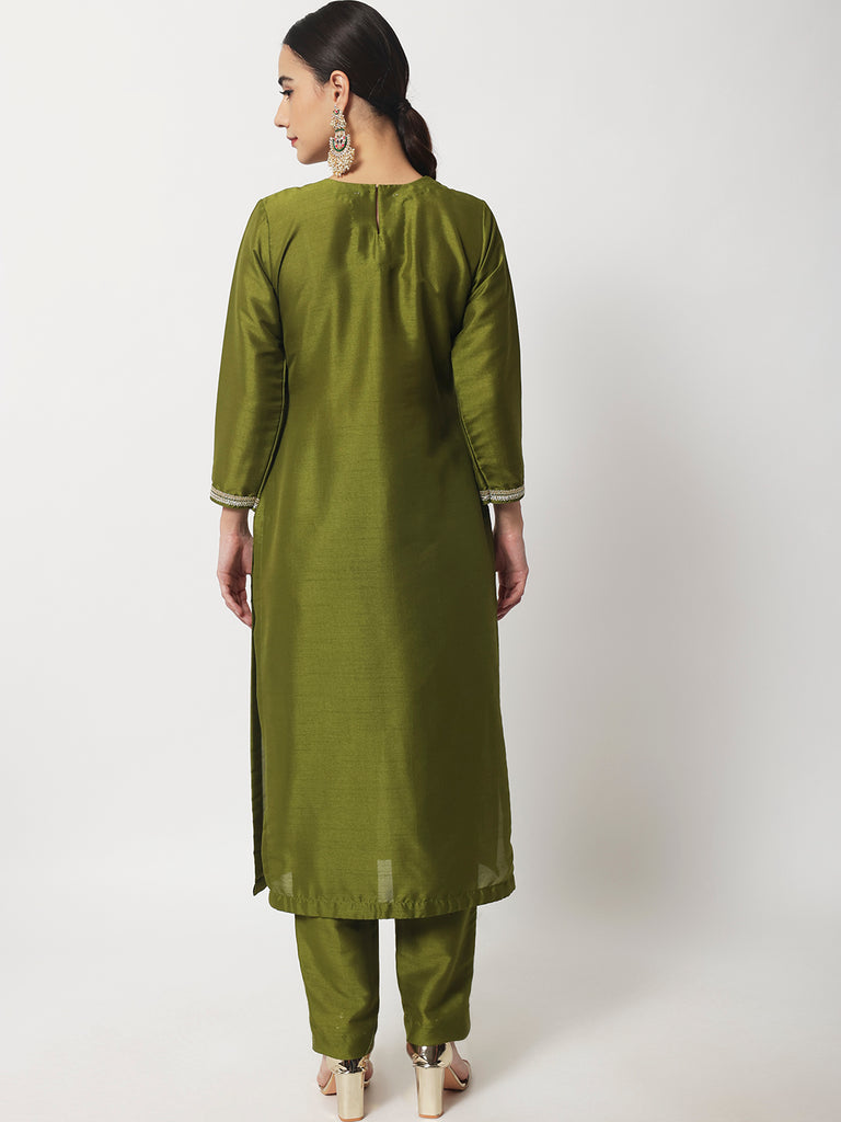 Women's Moss Green Straight Kurti With Straight Pants