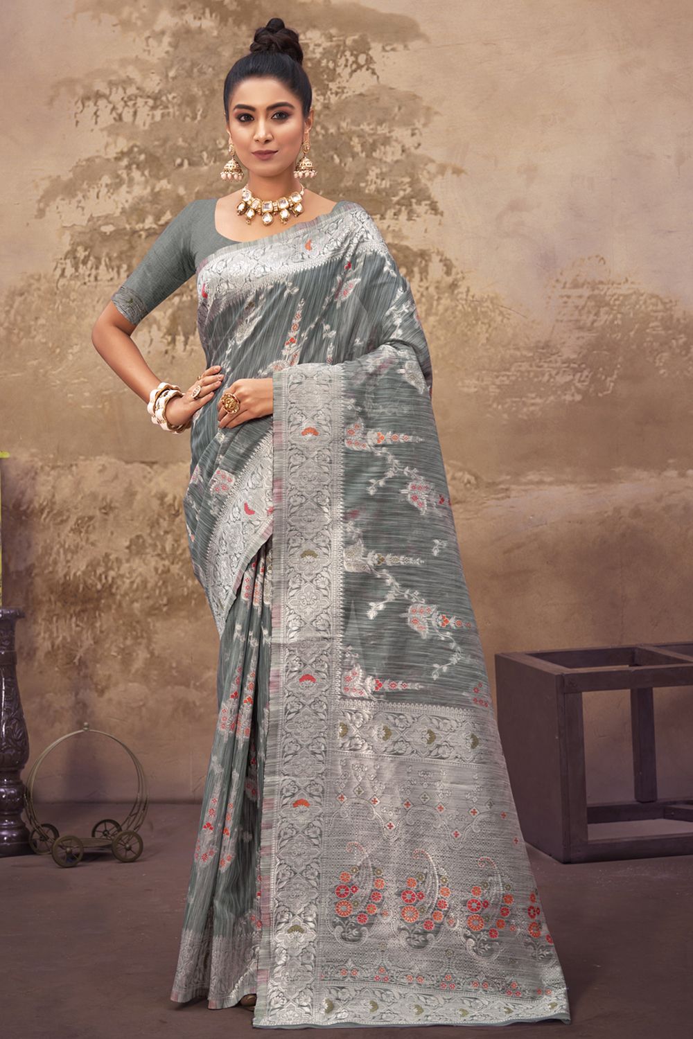 Women's Grey Cotton Silk Woven Zari Work Traditional Saree - Sangam Prints
