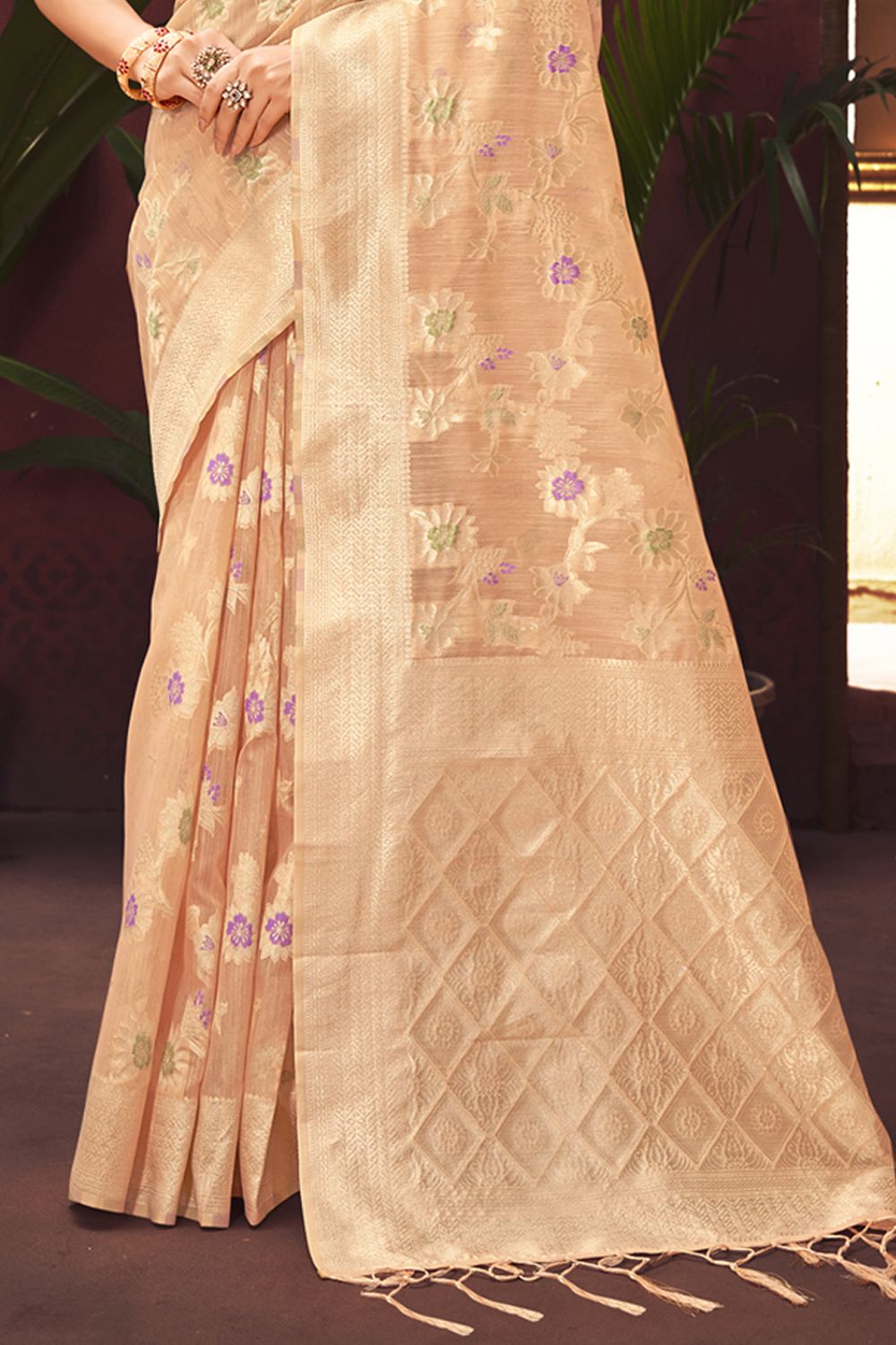 Women's Peach Silk Woven Zari Work Traditional Tassle Saree - Sangam Prints