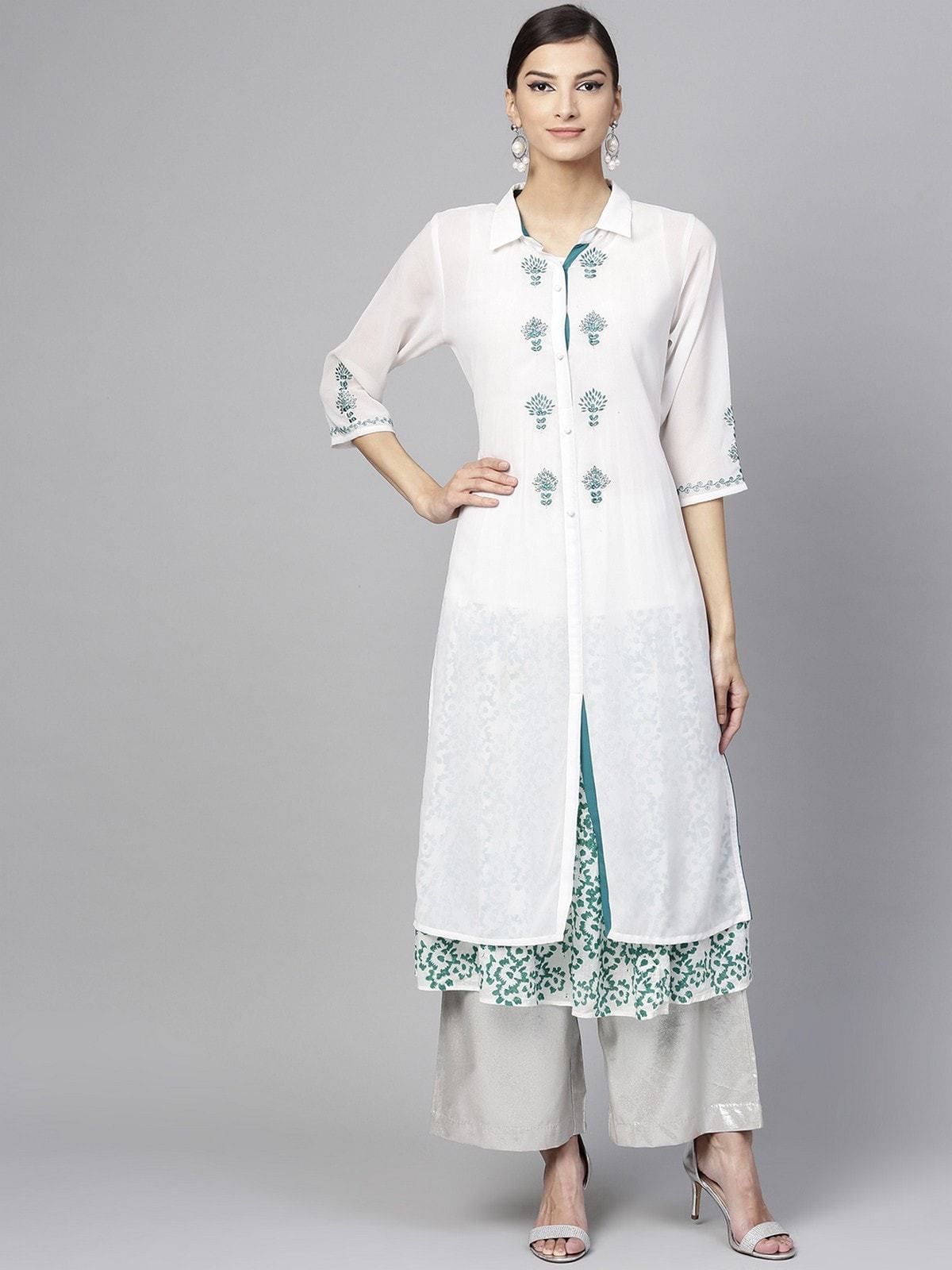 Women's Solid Embroidered Upper With Block Printed Layered Kurta - Pannkh