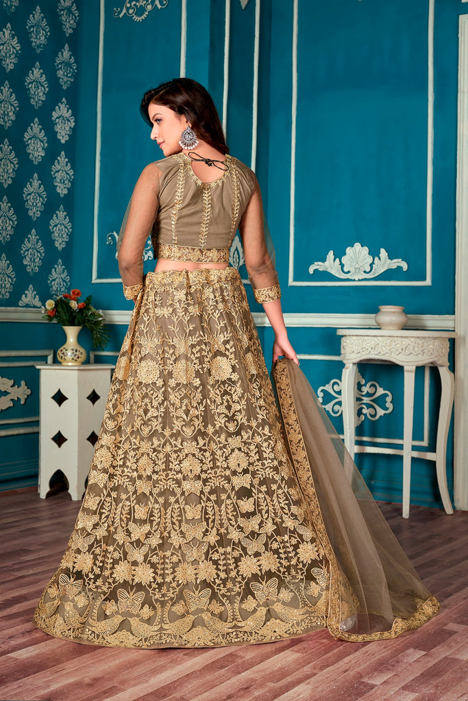 Women's Beige Net Embroidered Lehenga Choli Set