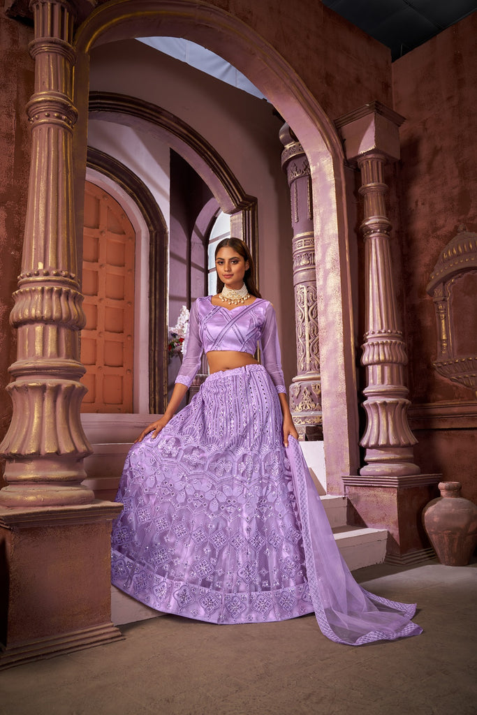 Women's Purple Net Embroidered Lehenga Choli Set