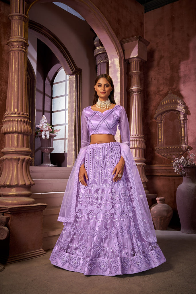 Women's Purple Net Embroidered Lehenga Choli Set