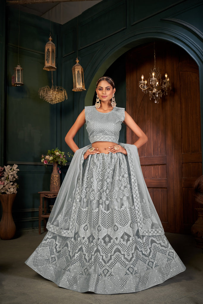 Women's Grey Net Embroidered Lehenga Choli Set