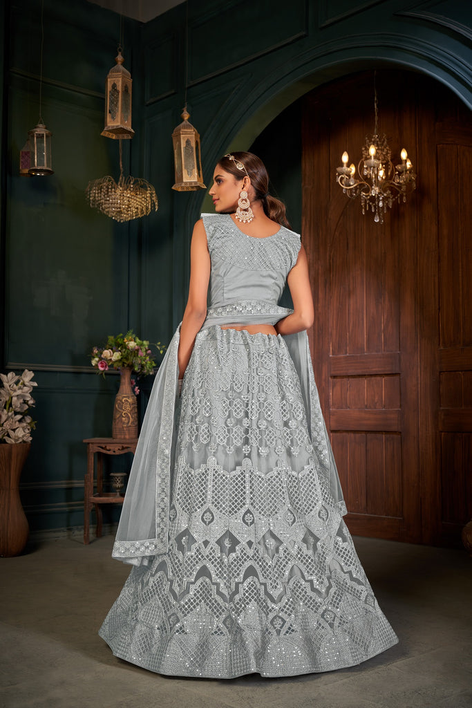 Women's Grey Net Embroidered Lehenga Choli Set