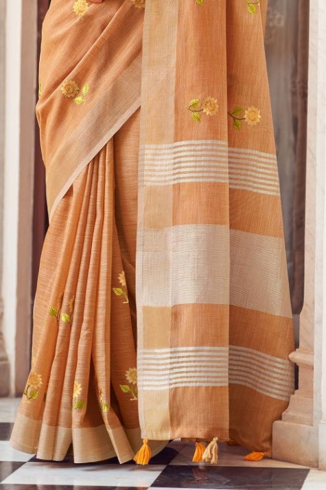 Women's Light Brown Linen Saree - Karagiri