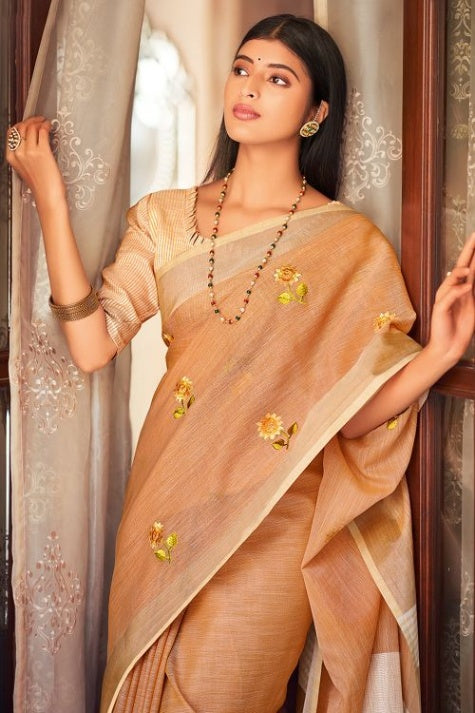Women's Light Brown Linen Saree - Karagiri