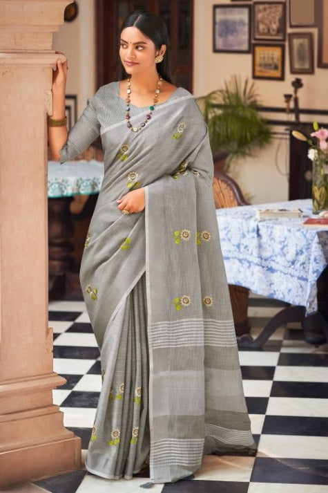 Women's Pastel Grey Linen Saree - Karagiri